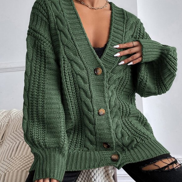 Olive Green Casual Womens Solid Button Front Cable Knit Cardigan - Picture 5 of 5